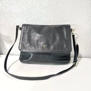 Fossil Leather Shoulder Purse Issue No. 1954 Black Gold Accents Adjustable Strap